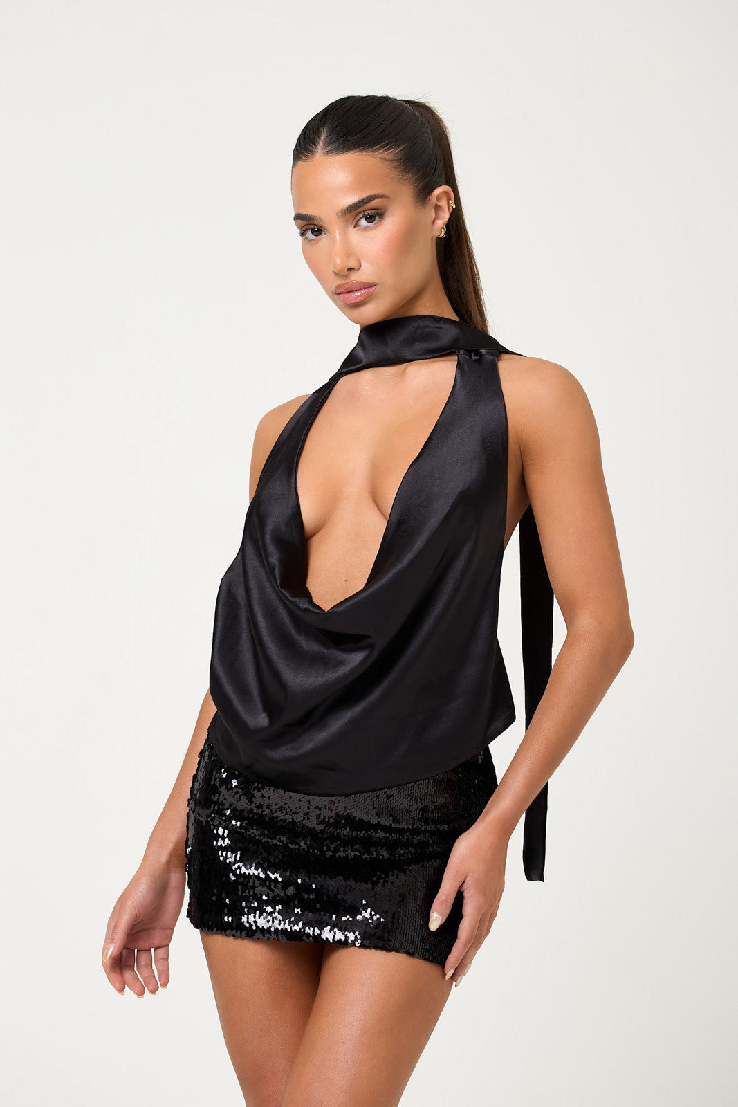 The satin cowl top - black