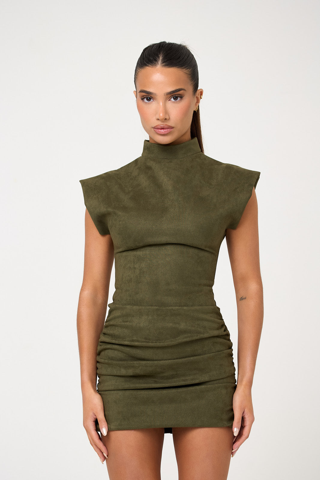 The high neck suede mini - khaki