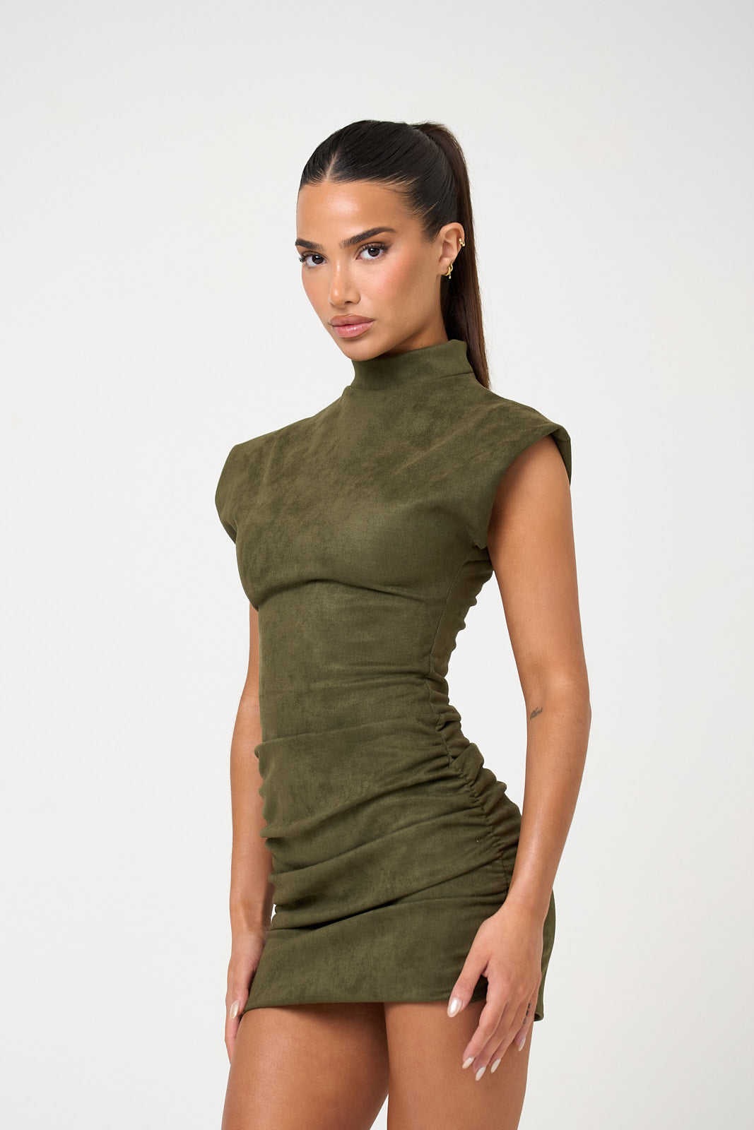 The high neck suede mini - khaki