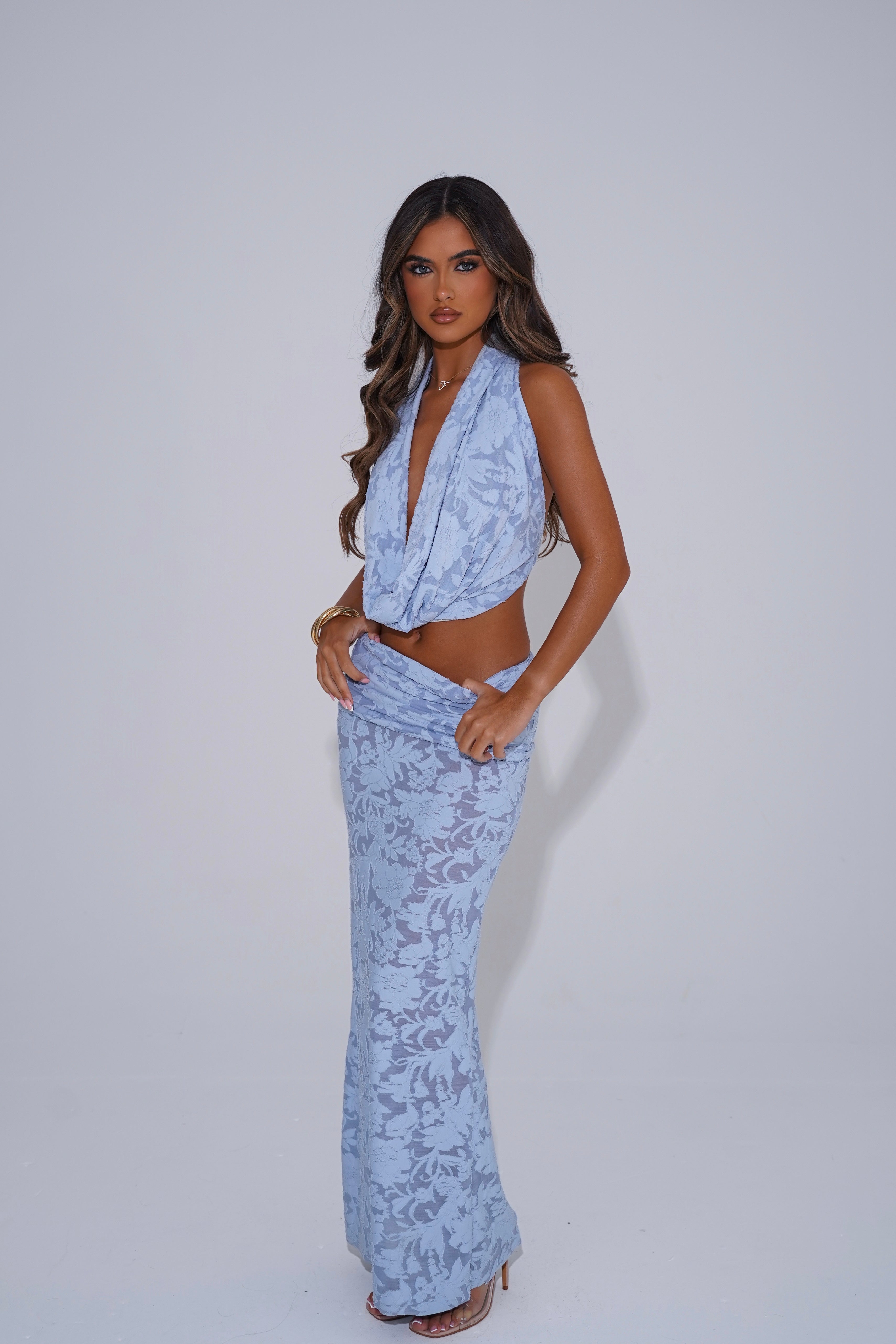 The fold over burnout maxi skirt - powder blue