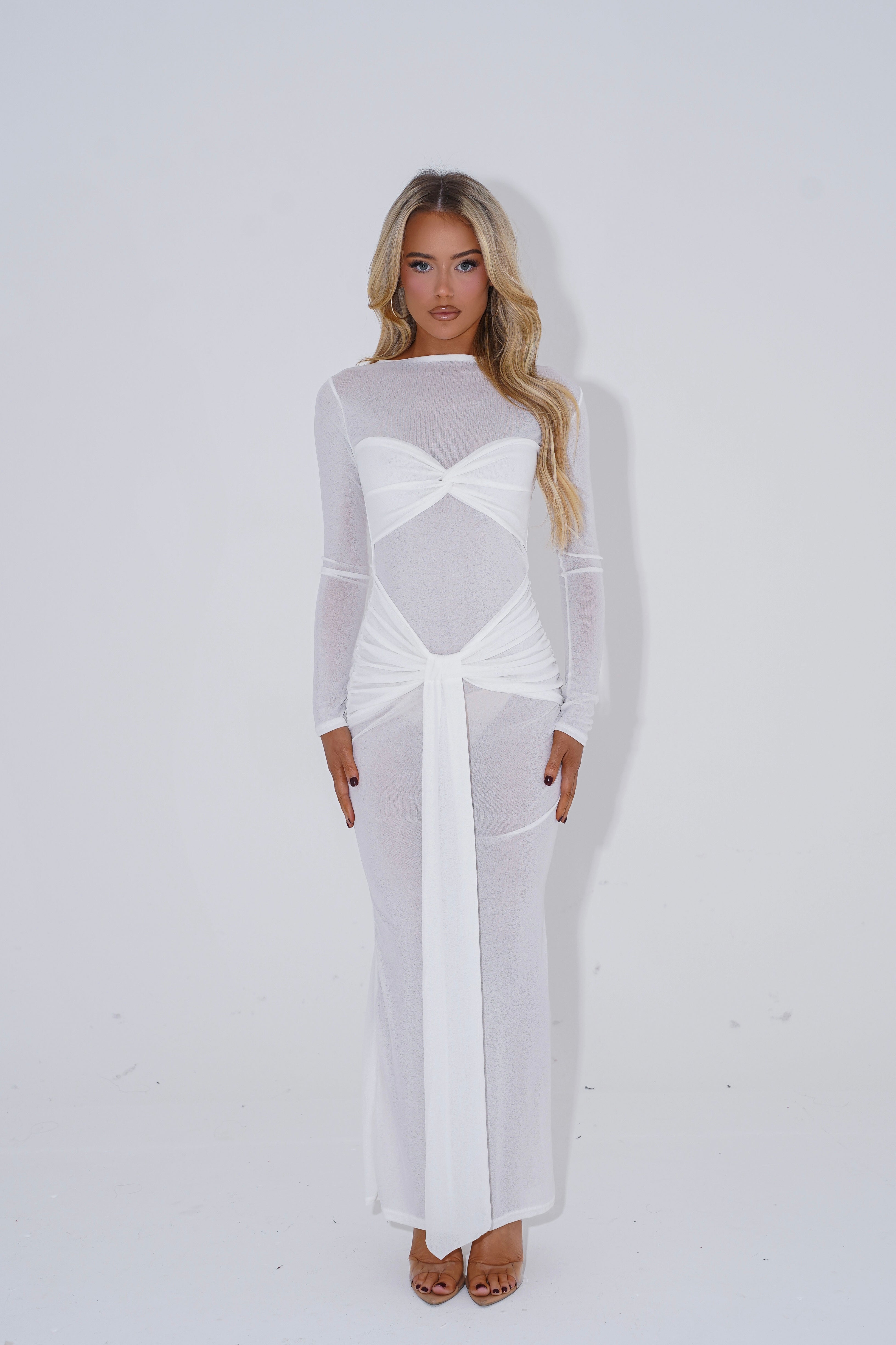 The long sleeve twist maxi dress - white