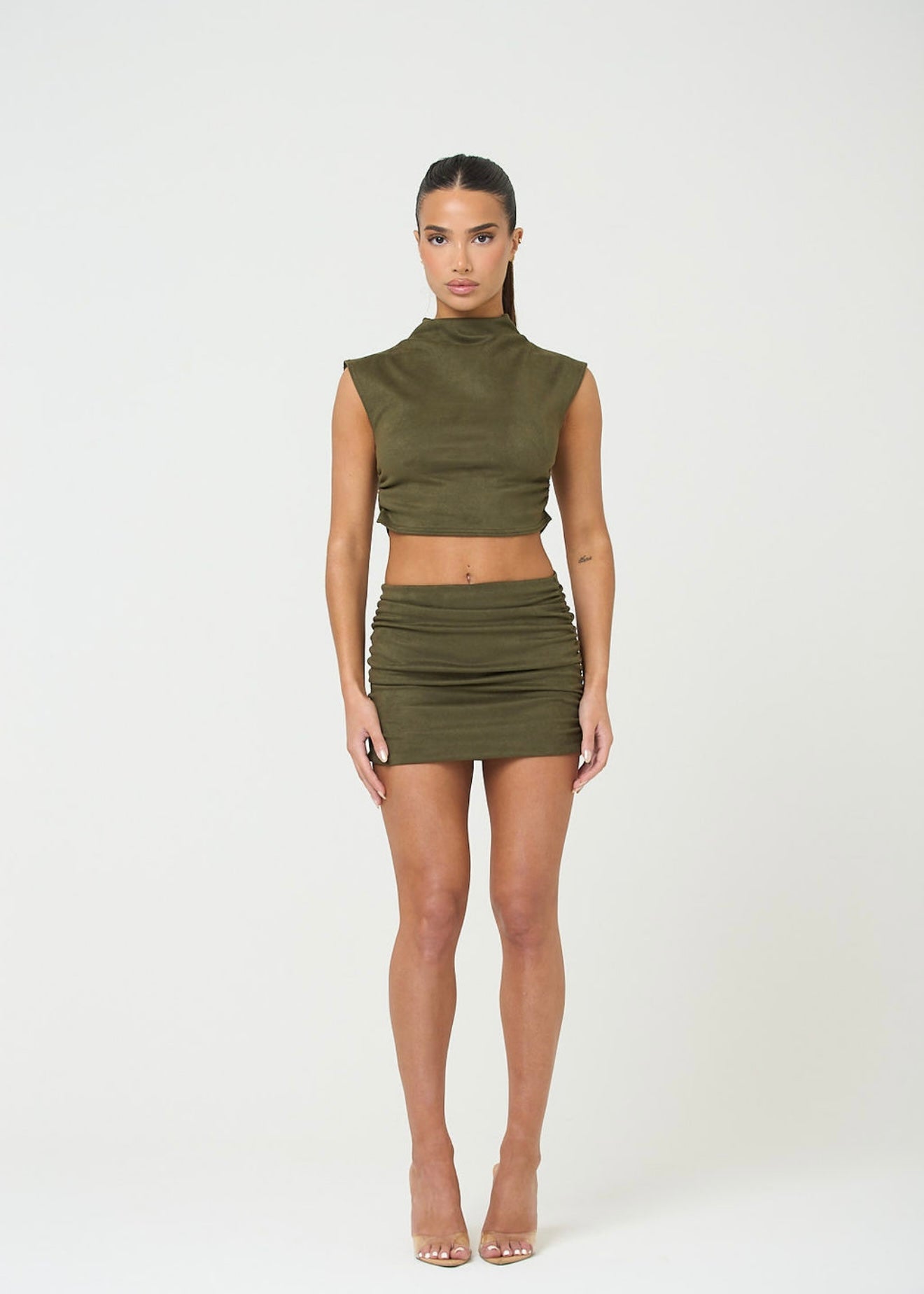 The ruched suede mini skirt - khaki