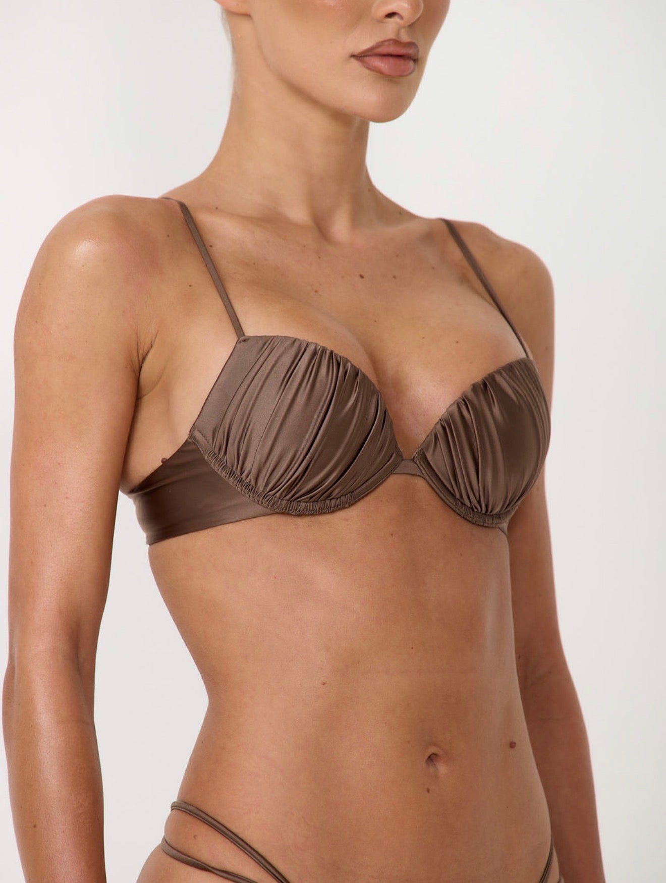The satin ruched underwire bikini top - deep taupe