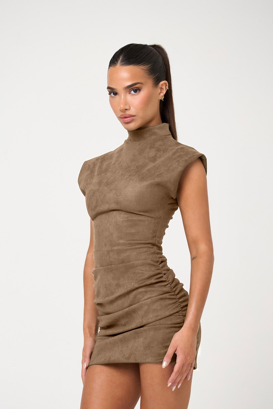 The high neck suede mini - camel