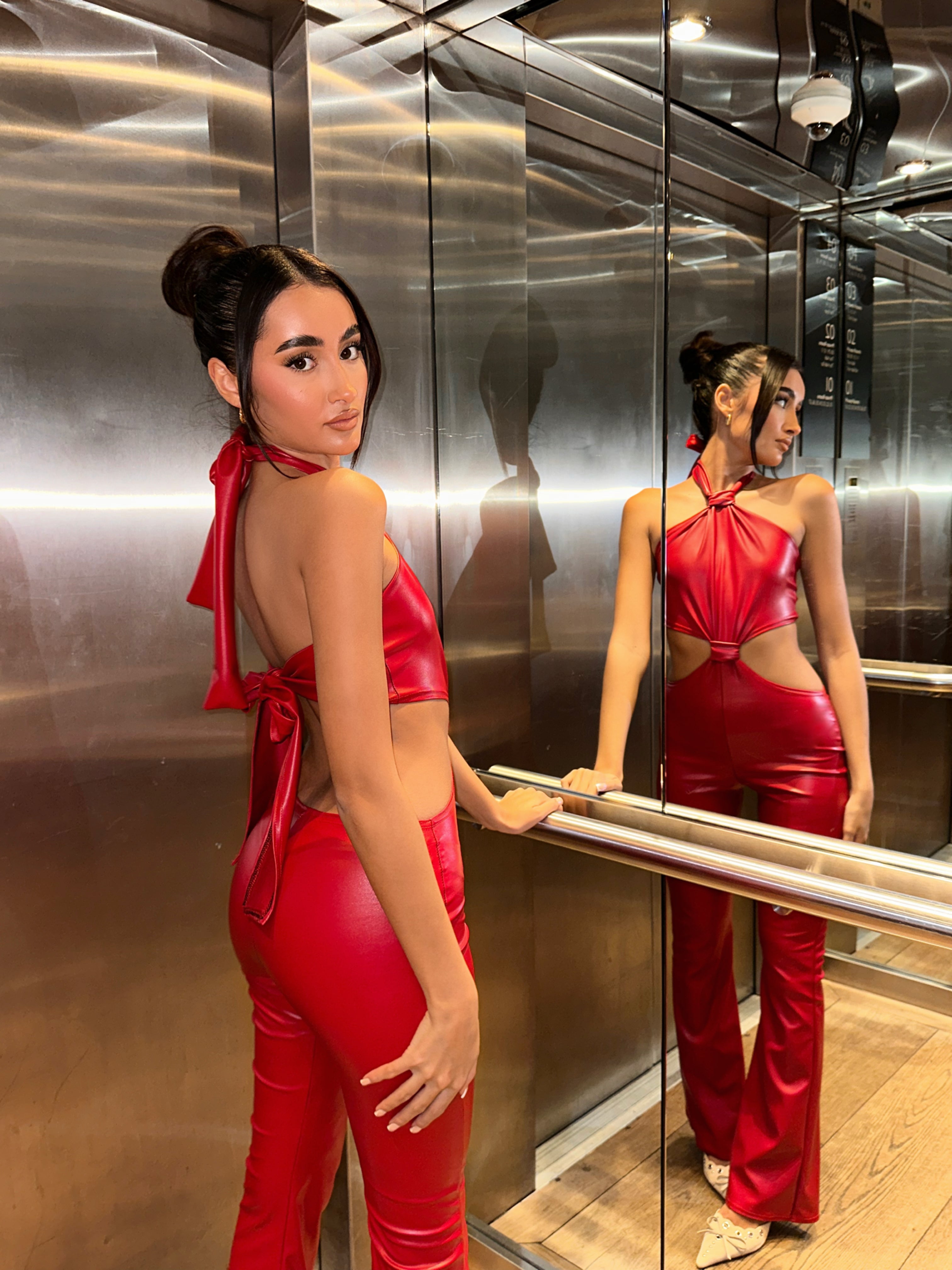 The cutout leather jumpsuit - cherry